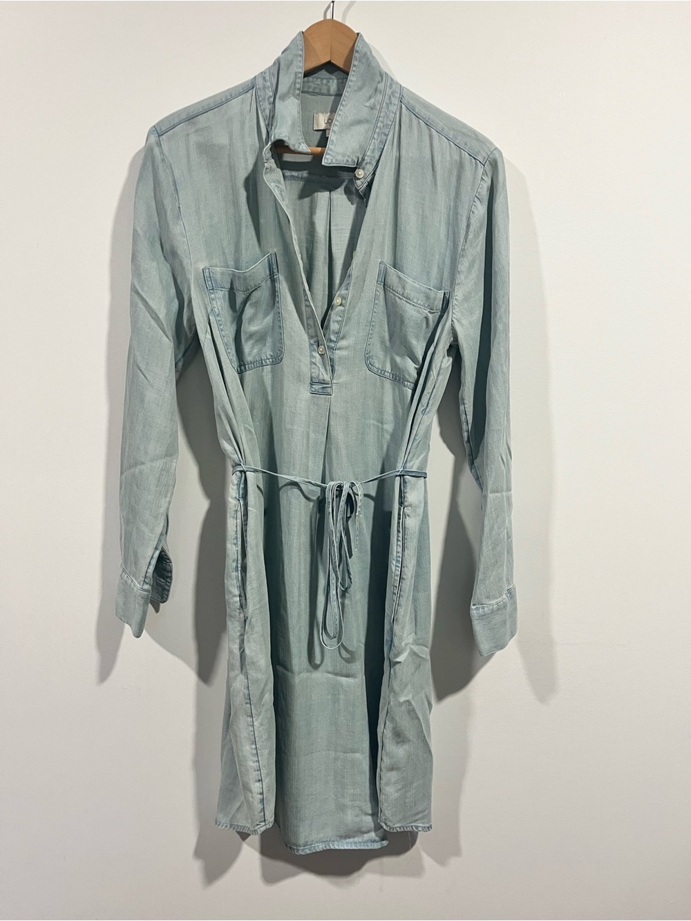 LOFT Light Blue Chambray Tie-Waist Shirt Dress